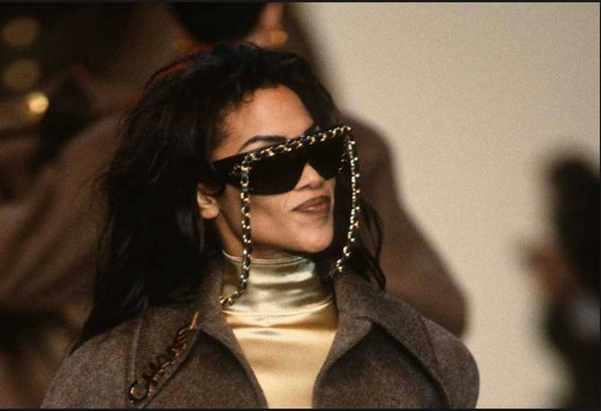 Vintage 90's CHANEL Paris Gold Metal Chain Black Sunglasses Shades, Moonstone Vintage