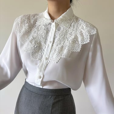 vintage blouse silky blouse embroidered shirt floral lace minimalist top secretary blouse white  button down vintage shirt 80s size M 