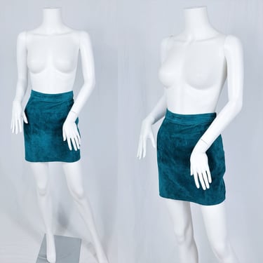 1980's Teal Green Suede Short Mini Skirt I Sz Med 