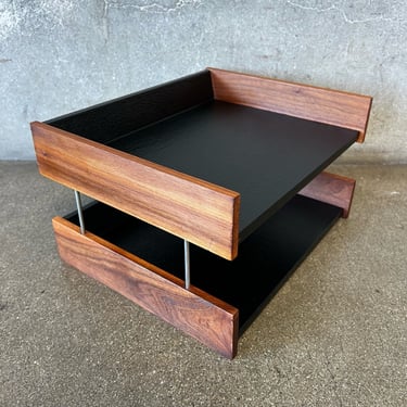 High Quality Vintage Mid Century Modern Leather &amp; Walnut Paper Tray