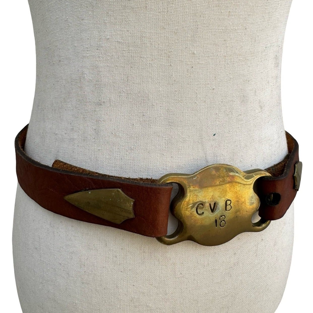 Gilles Herve Paris Brown Leather Belt Stamped Brass | Shop  display picture 3