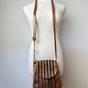 1970’s Soft & supple leather purse/ quilted patchwork striped cloth/ Extra long Cross body bag~ Bronze with gold brown orange Autumn colors 