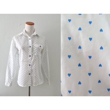 Vintage Heart Print Blouse - 70s Long Sleeve Top - Button Up Shirt - Valentine's Day Lovecore Kawaii - Size Small 