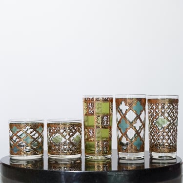 Mismatched Culver Old Fashion Tumbler, 22k Gold Patterns set of 5, Mid Century  MCM Vintage Glassware, New Years Eve Party 