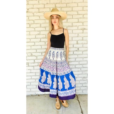 Indian Hand Blocked Skirt // vintage cotton dress boho hippie high waist hippy midi 70s 1970s // XS X-Small 