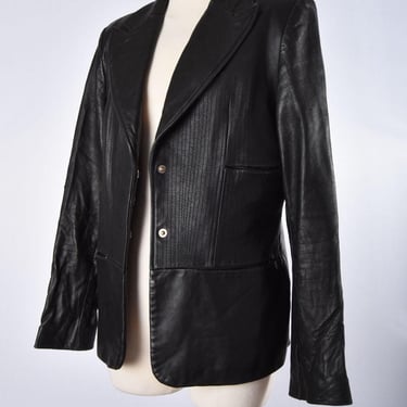 BEBE Black Leather Jacket Blazer 1970's style Vintage 1990's, Y2K LARGE 