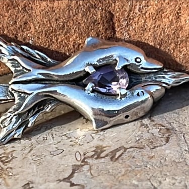 Vintage Sterling Pair of Dolphins with Amethyst Pendant by Silver Cloud on Lightweight 18 Inch Sterling Chain 