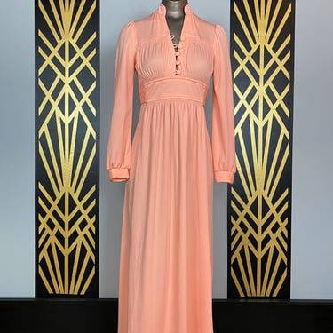 1970s maxi dress, peach polyester, vintage 70s dress, tie waist, puff shoulders, size small, shirred, long sleeves, 25 26 waist, biba style 