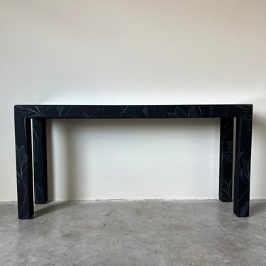 80's Postmodern Upholstered Parsons Console Table W/ Glass Top 