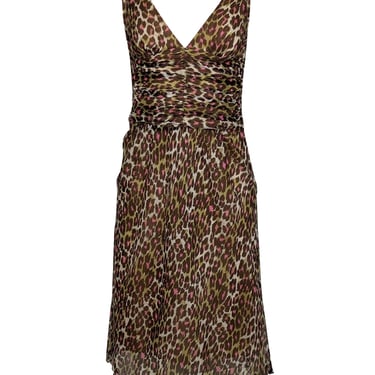 Trina Turk - White w/ Green, Pink, &amp; Brown Leopard Print Ruched Silk Dress Sz 2