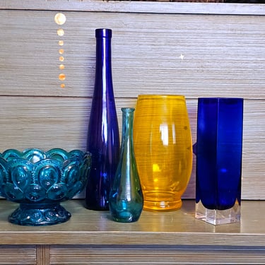 Modern Boho Blue Yellow Glass Vase Bottle Set Decor Glassware 