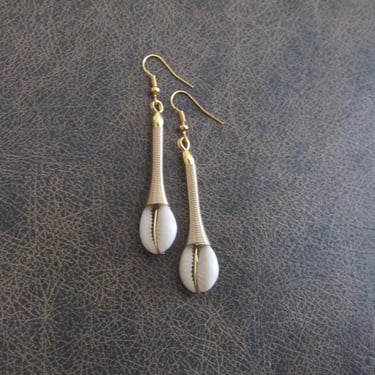 Cowrie shell earrings, gold Brutalist earrings, African earrings, mid century earrings, bold earrings, unique Afrocentric earrings 