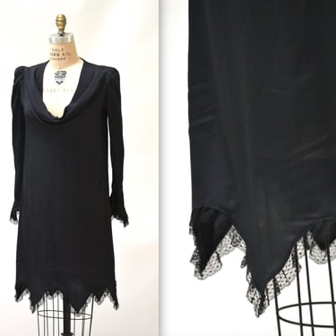 Vintage Black Silk Dress Size Medium with Cowl Neck Lace Trim// 80s 90s Black Silk Goth Minimalist Dress Size Medium Lace trim Long sleeve 