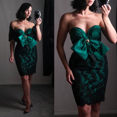 Vintage 80s LILLIE RUBIN Emerald Green & Black Lace Cocktail Dress Set w/ Detachabel Shoulder Shawl | Made in USA | 1980s Designer Set 