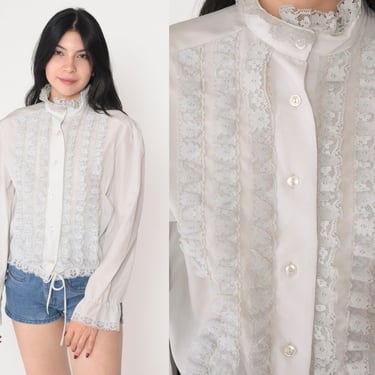 70s Victorian Blouse Lace Trim Tuxedo Shirt Puff Sleeve Button up Top High Neck Formal Off White Long Sleeve Hippie Vintage 1970s Medium M 
