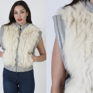 80s SAGA Fox Fur Vest, Real Arctic White Corded Jacket, Ribbed Grey Leather Trim, Winter Apres Ski Trip Outdoor Clothing 