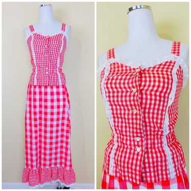 1970s Vintage Beverly Vogue Red Gingham Western Set / 70s  Checkered Ruffled Trim Tank and Skirt Prairie / Small 