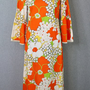 1960s 1970s Diamond Head Hawaiian Dress - Hawaiian Maxi - Tropical, Tiki, Floral - Beach Kaftan - Resort Wear, Vacation Wear - Orange 