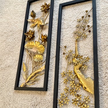 Metal Sculpture Wall Art, Asian Inspired Mid Century, Set 2, Brass and Wood, Vintage Home Decor, Modernist Sculptural Art 