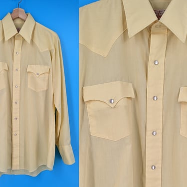 Vintage 70s Men's Yellow Long Sleeve Pearl Snap Western Shirt - Seventies Western Fashions Large Cowboy Shirt 