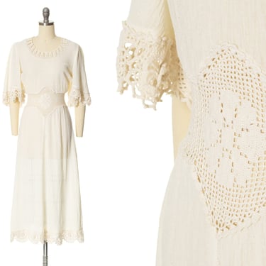 Vintage 1970s Dress | 70s Cream Off White Cotton Gauze Crochet Flutter Bell Sleeve Fit Flare Midi Boho Wedding Day Dress (x-small/small) 