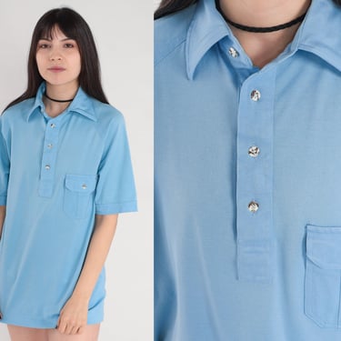 Blue Shirt 70s Polo Shirt Retro Half Button Up Collared Shirt Short Raglan Sleeve Basic Simple Plain Preppy Disco Top Vintage 1970s Large L 