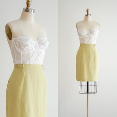 green mini skirt 90s y2k vintage Ann Pinkerton pastel green yellow short linen silk skirt 