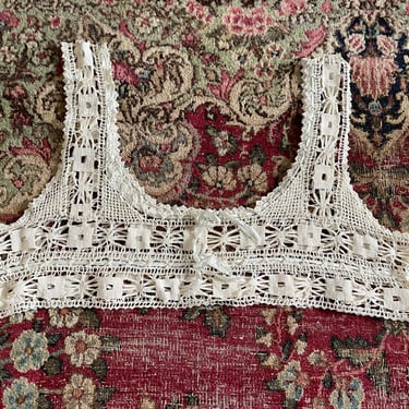 Antique 1920’s hand crochet bodice with silk ribbon, M 