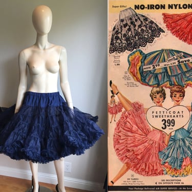Do-Si-Do Your Partner Round - Vintage 1960s 1970s Navy Blue Massive Double Layered Crinoline Petticoat 