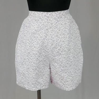 60s Print Shorts - 24" waist - White w/ Dark Purpley Brown Flowers - High Rise Waisted - Vintage 1960s - XS 