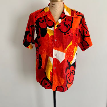 Sears Hawaiian Fashion abstract leaf pattern barkcloth shirt-size L 