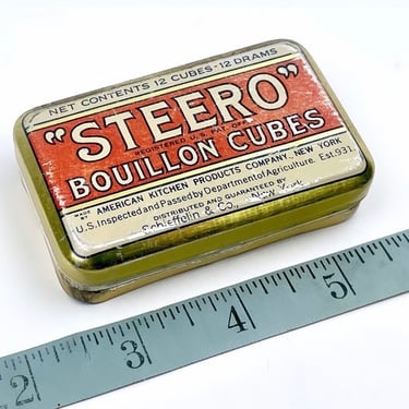 Vintage STEERO Bouillon Cubes Tin | Made in USA | 3”X 2” Farmhouse Tins 
