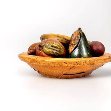 Vintage XL Handmade Leather-Wrapped Clay Fruit & Bowl 9pc Set Mid-Century Mexican Folk Art Very Large and Heavy Handmade Leather Bowl+Fruit 