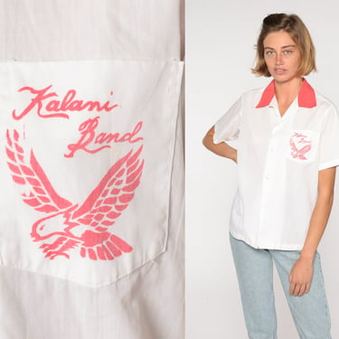 Kalani Band Shirt 80s Vintage Uniform Shirt White Button Up Shirt 1980s California Graphic Large L 