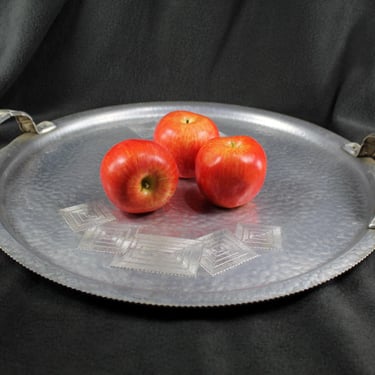 Vintage 18" Aluminum Round Tray circa 1950s | Large Hammered Aluminum Serving Tray with Handles | Bixley Shop 