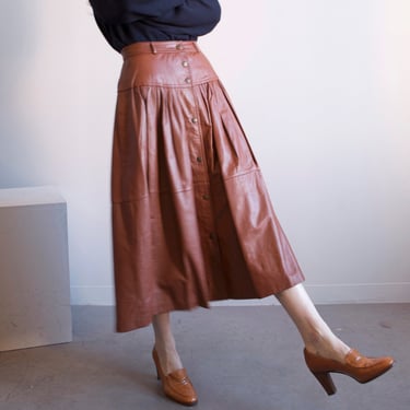 cognac full leather skirt / sz S 