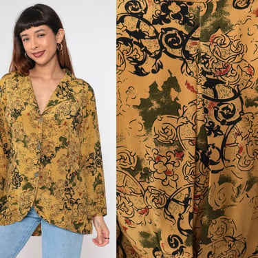Baroque Inspired Silk Shirt 90s Ornate Floral Button Up Blouse Mustard Yellow Abstract Retro Long Sleeve Top Vintage 1990s Small Medium 