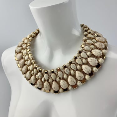 Vintage Egyptian Style Collar Necklace - Ceramic Stones with a Crackle Glaze Finish - Gold Tone Metal - By Aldo 