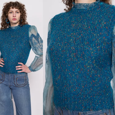 80s Blue Flecked Mohair Sweater Vest - Large | Vintage Marled Speckled Knit Sleeveless Crop Top 
