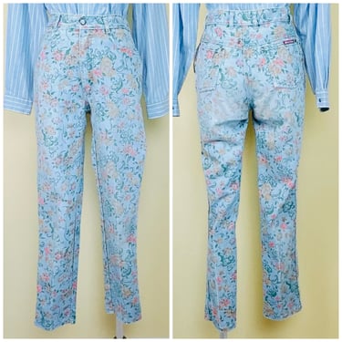 1980s Vintage Braxton Stretch High Waisted Jeans / 80s Floral Print Rayon / Cotton Mom Denim Pants / Medium (27" Waist) 