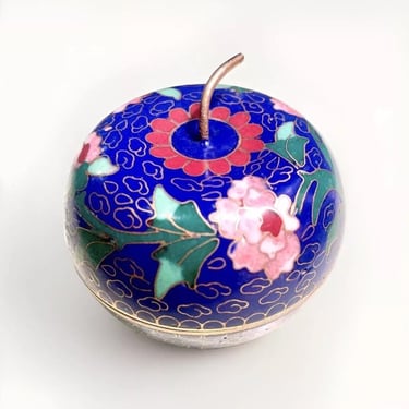 Beautiful Vintage Enameled Cloisonné Apple Dish Lidded Trinket Box 