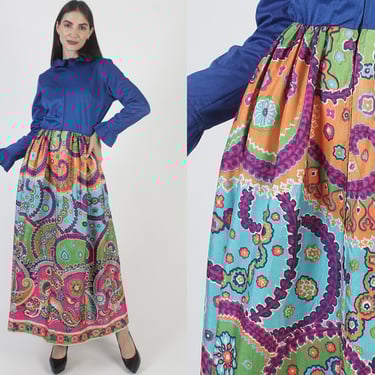 60s Psychedelic Dress, Vintage Loungees Maxi, 70s Disco Party, Womens Long Full Skirt 