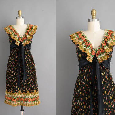 Vintage 1960s Dress | S. Howard Hirsh Cotton Pleated Floral Print Black Dress  | XS Small 