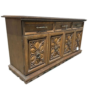 Mid Century Mediterranean Revival Carved Oakwood Buffet Cabinet 