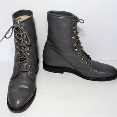 Vintage Cowtown Lace Up Roper Boots, 11D Men, gray leather 