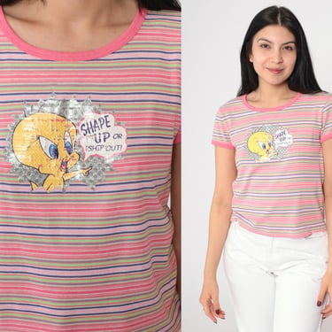 Vintage 90s Tweety Bird T-Shirt Shape Up Or Ship Out Pink Striped Looney Tunes Graphic Tee Warner Bros Cartoon TShirt Retro 1990s Medium 