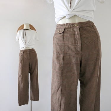 micro houndstooth trousers - 30 P - vintage y2k brown beige unisex mens womens petite flat front plaid size 8 medium flat front pants 