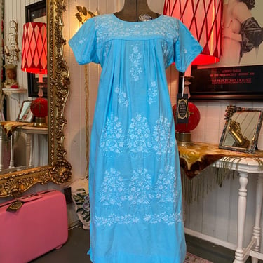 vintage 1970s embroidered aqua cotton Mexican dress puebla | Black Label  Vintage - Tacoma, WA | ATTIC