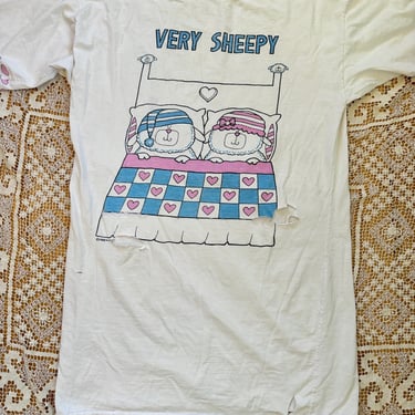 Vintage 80s Very Sheepy Distressed Pajama Tee Dress T Shirt Thrashed Large Short Sleeve by TimeBa