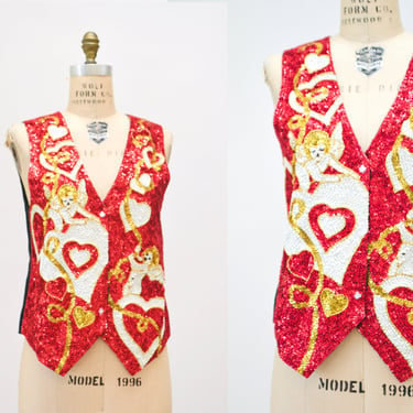 80s 90s Vintage Red Sequin Vest Valentines Day Cupid Baby Angel Love Heart Sequin Vest Top Small // Vintage Metallic Sequin red sequin vest 